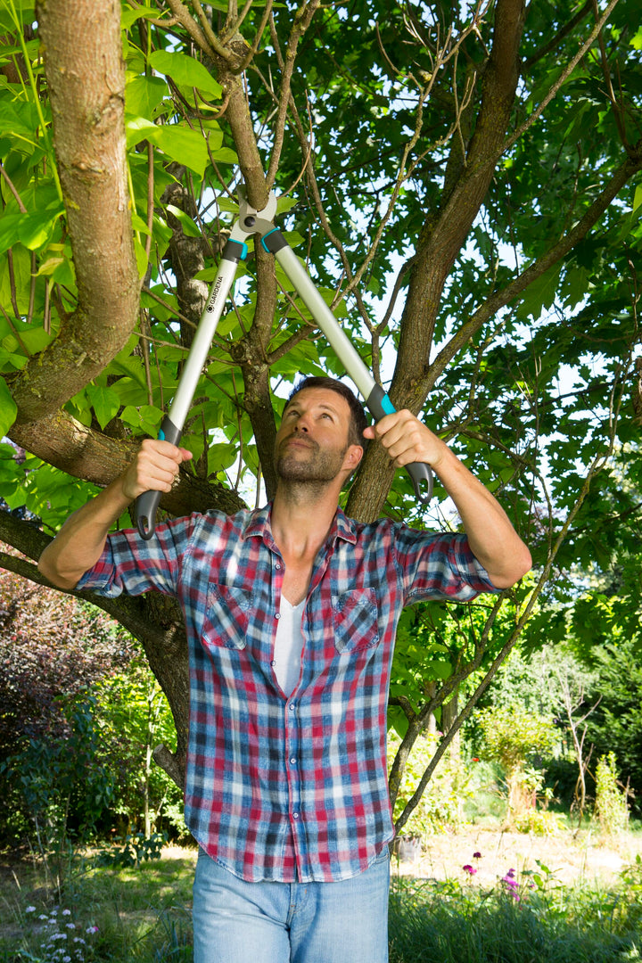 Pruning lopper blade head close-up with black blades and teal handle trim