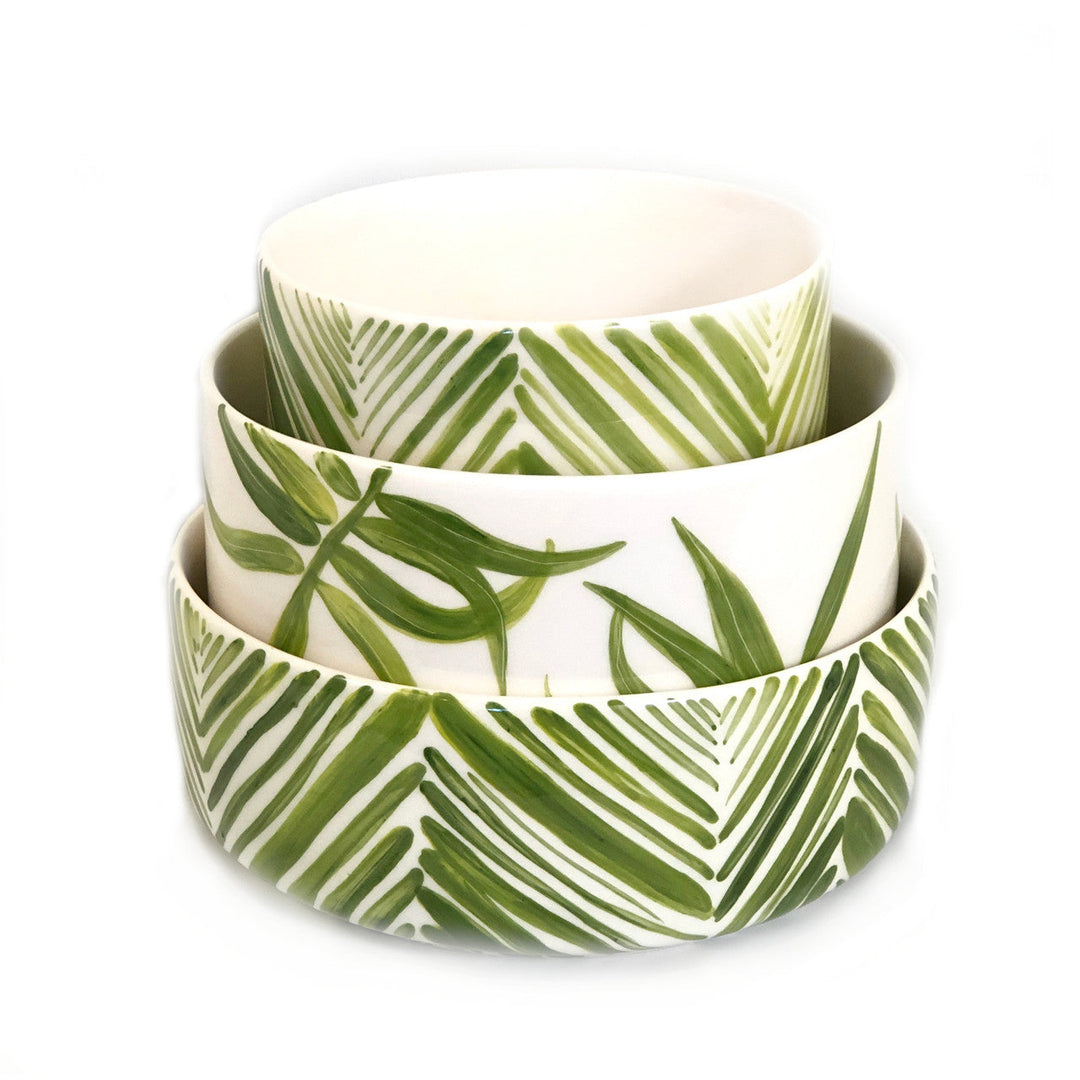Green leaf cylinder serving bowls, nested stack of two