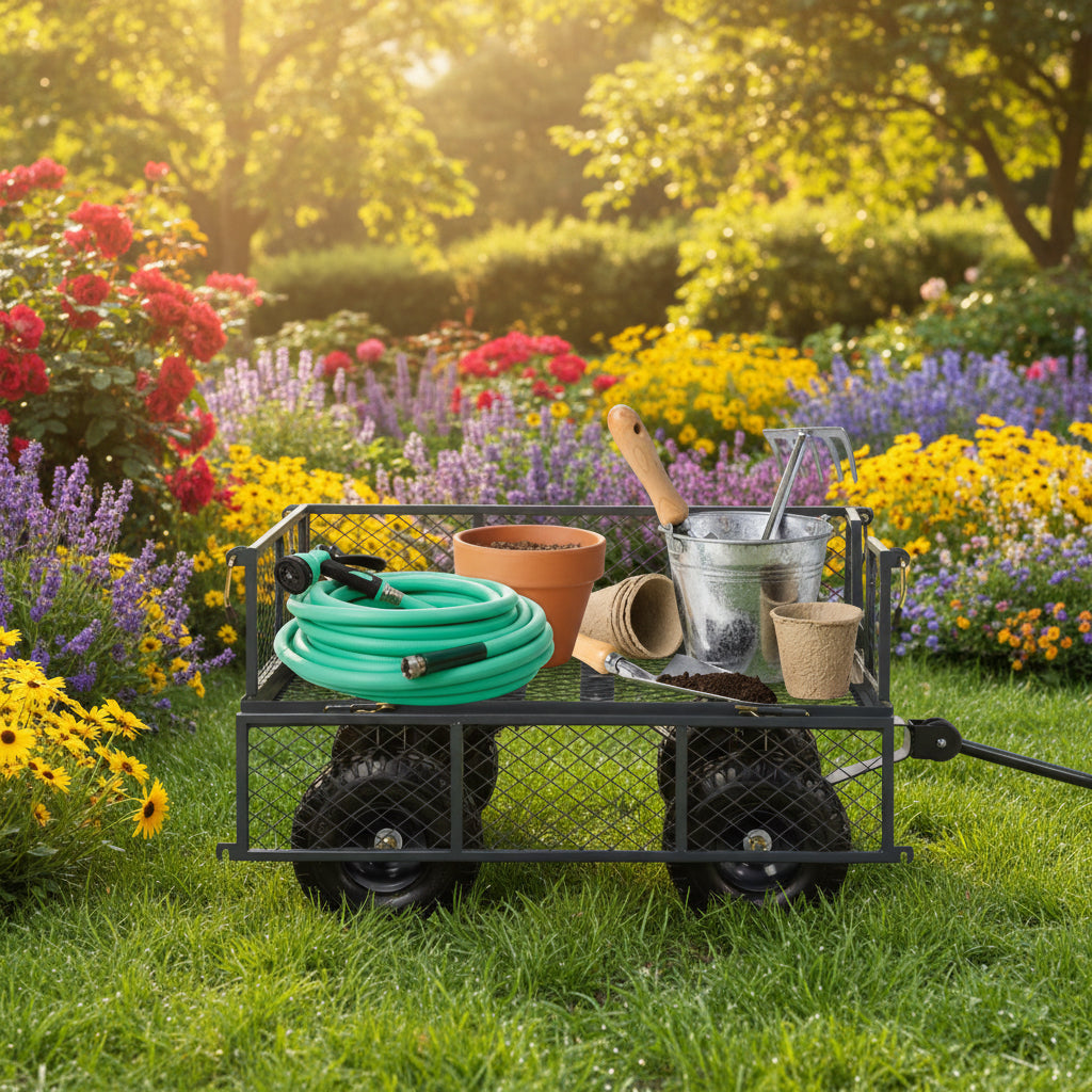 Heavy‑Duty Steel Garden Utility Cart Wagon with Removable Sides – Gray