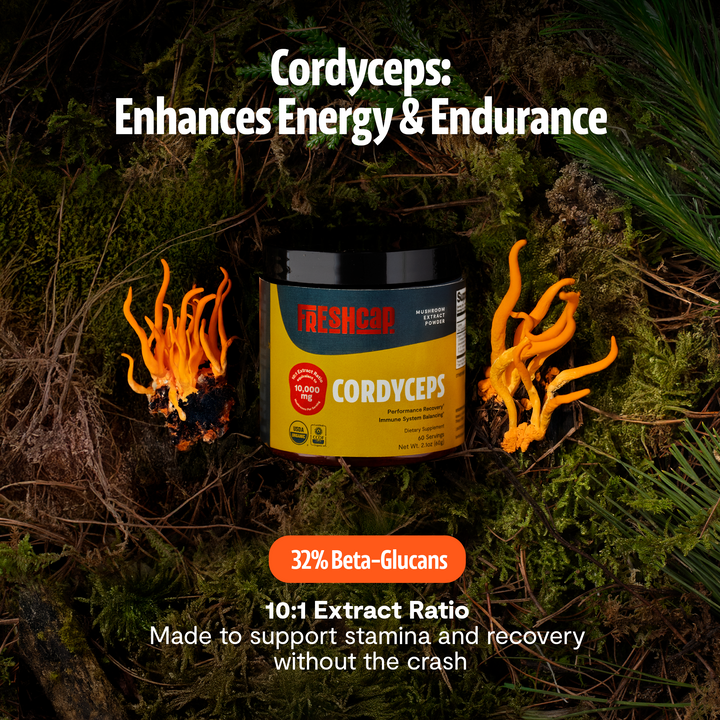 Cordyceps supplement jar on moss surrounded by orange cordyceps mushrooms