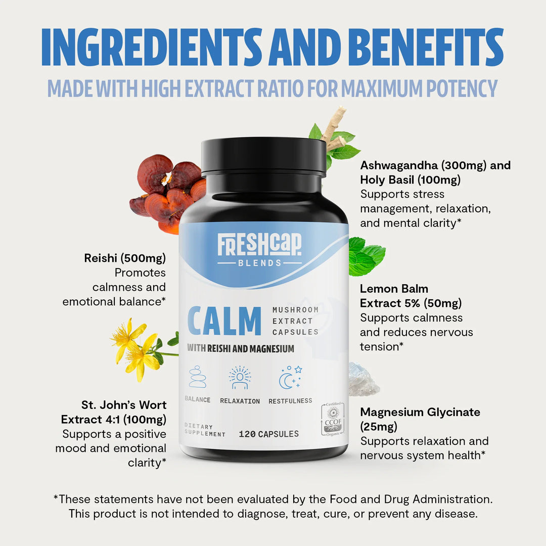 Calm supplement bottle with ingredient benefits graphics and 120 capsules label