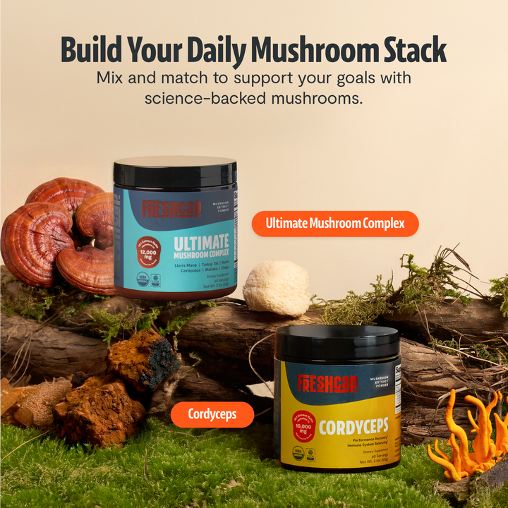Organic mushroom extract powder blend in two supplement jars with dried mushrooms