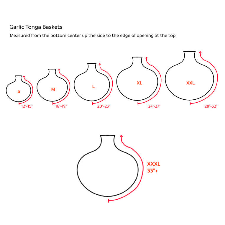 Tonga basket size chart with S–XXXL options and height/width measurements.