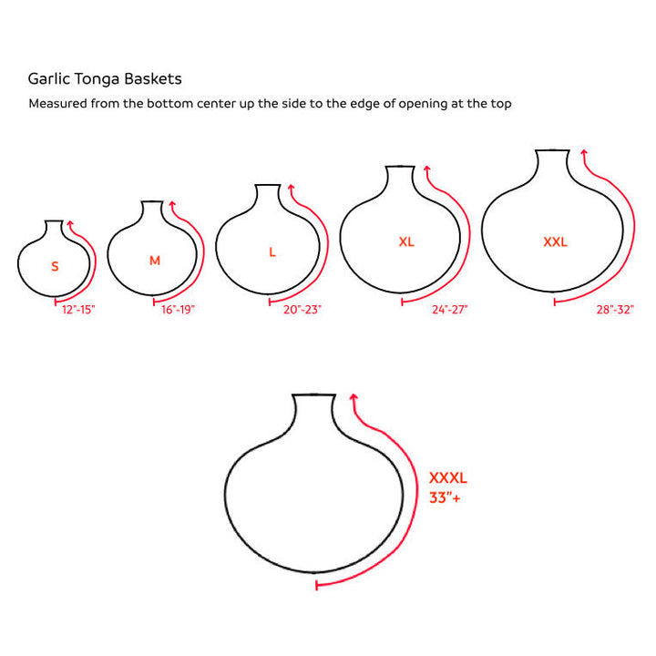 Tonga basket size chart with S–XXXL options and height/width measurements.