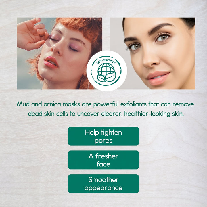 Skincare mud mask before-and-after collage on face with wellness icons