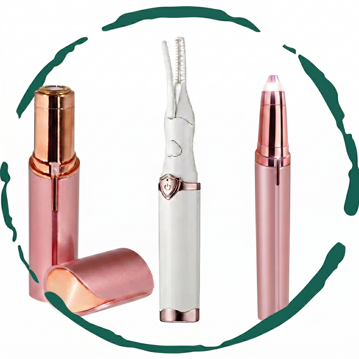 Beauty grooming kit with pink facial hair remover, white eyebrow trimmer, and heated eyelash curler