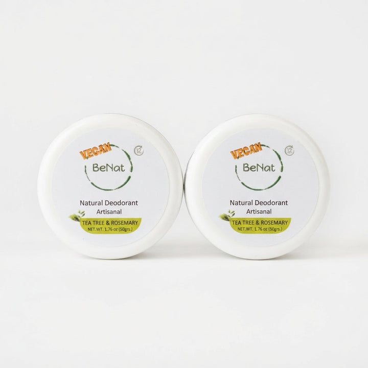 Natural deodorant cream tubs labeled Tea Tree &amp; Rosemary, 2-pack
