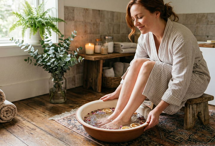 Person soaking feet in a tub filled with bath and foot soak