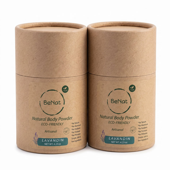 Two beige BeNat body powder canisters, LAVANDIN lavender scent, 2-pack.