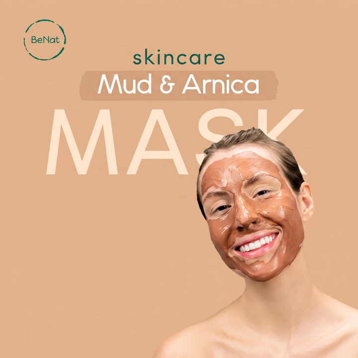 Mud and arnica skincare marketing graphic with smiling woman and mask imagery