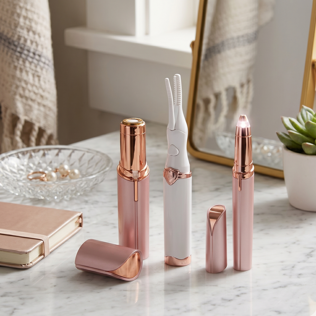 Rose-pink and white facial hair remover, eyebrow trimmer, and heated eyelash curler set on counter