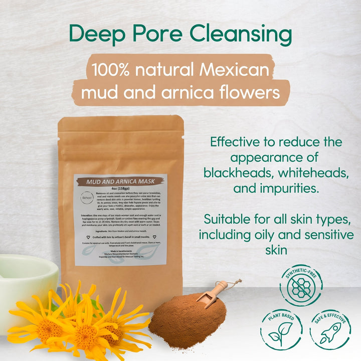 Mud mask pouch with yellow flowers and brown powder on tabletop
