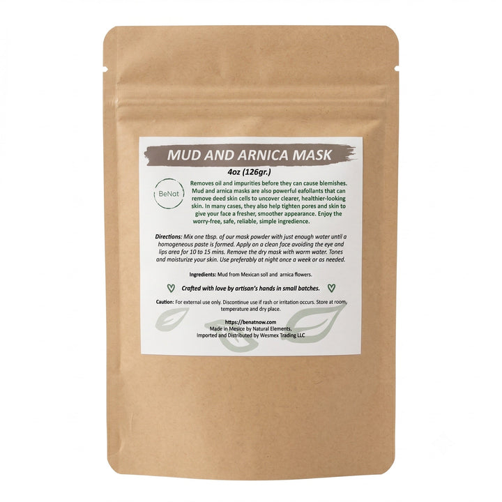 Mud and arnica mask pouch, kraft paper with product label, 4 oz