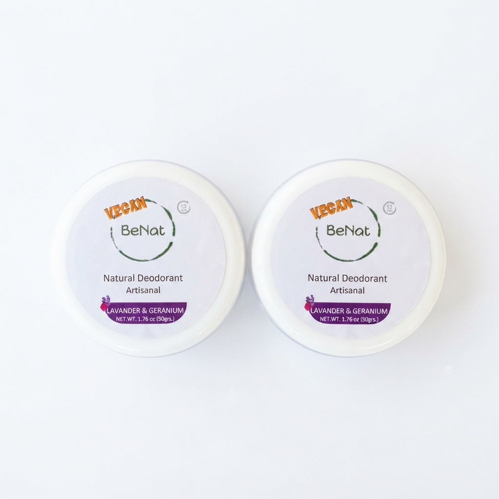 Natural deodorant cream tubs labeled Lavender &amp; Geranium, 2-pack