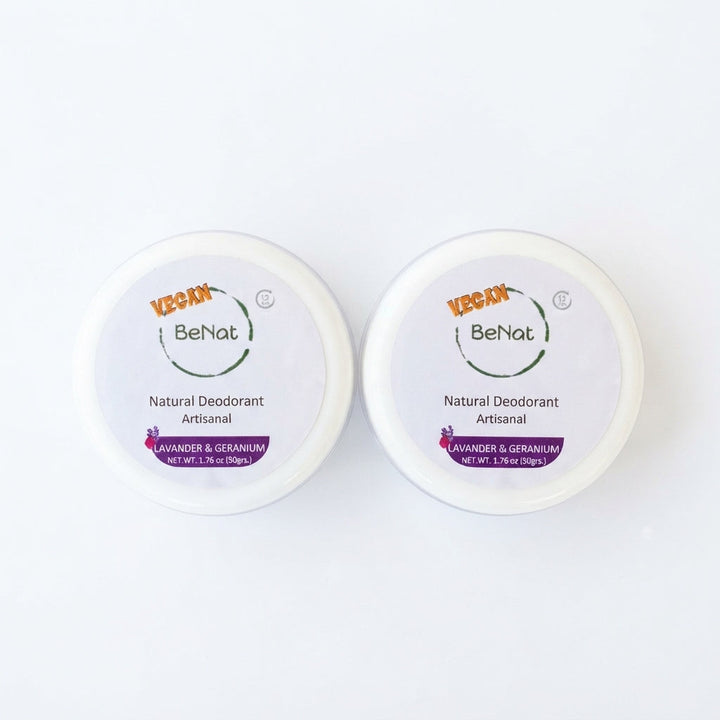 Natural deodorant cream tubs labeled Lavender &amp; Geranium, 2-pack