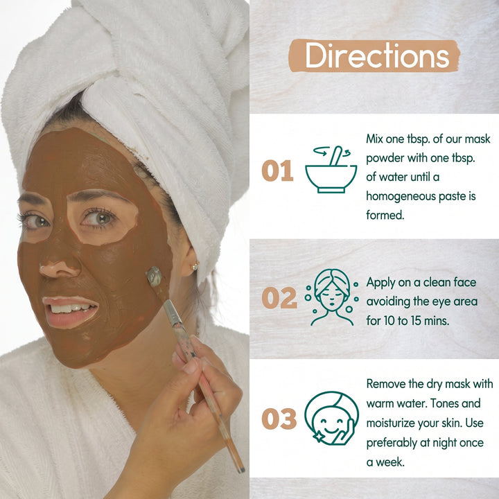 Mud and arnica mask directions graphic with towel-wrapped woman applying mask