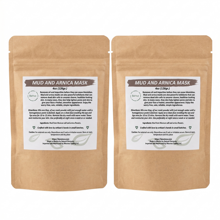 2-pack facial mask pouches, brown kraft bags with label for mud and arnica