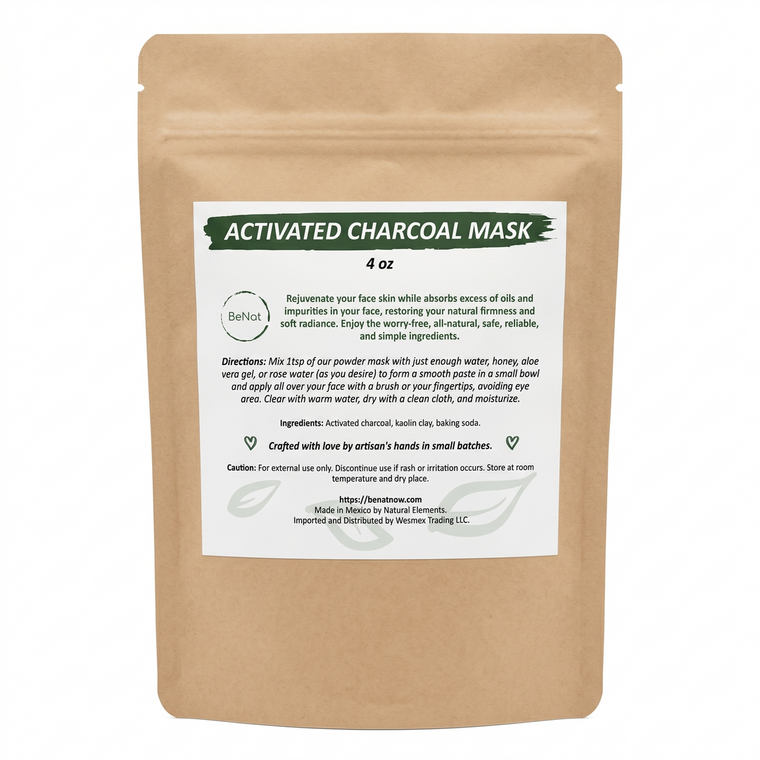 Beige stand-up pouch of charcoal mask with front label, 4 oz