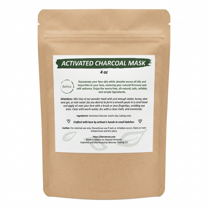Beige stand-up pouch of charcoal mask with front label, 4 oz