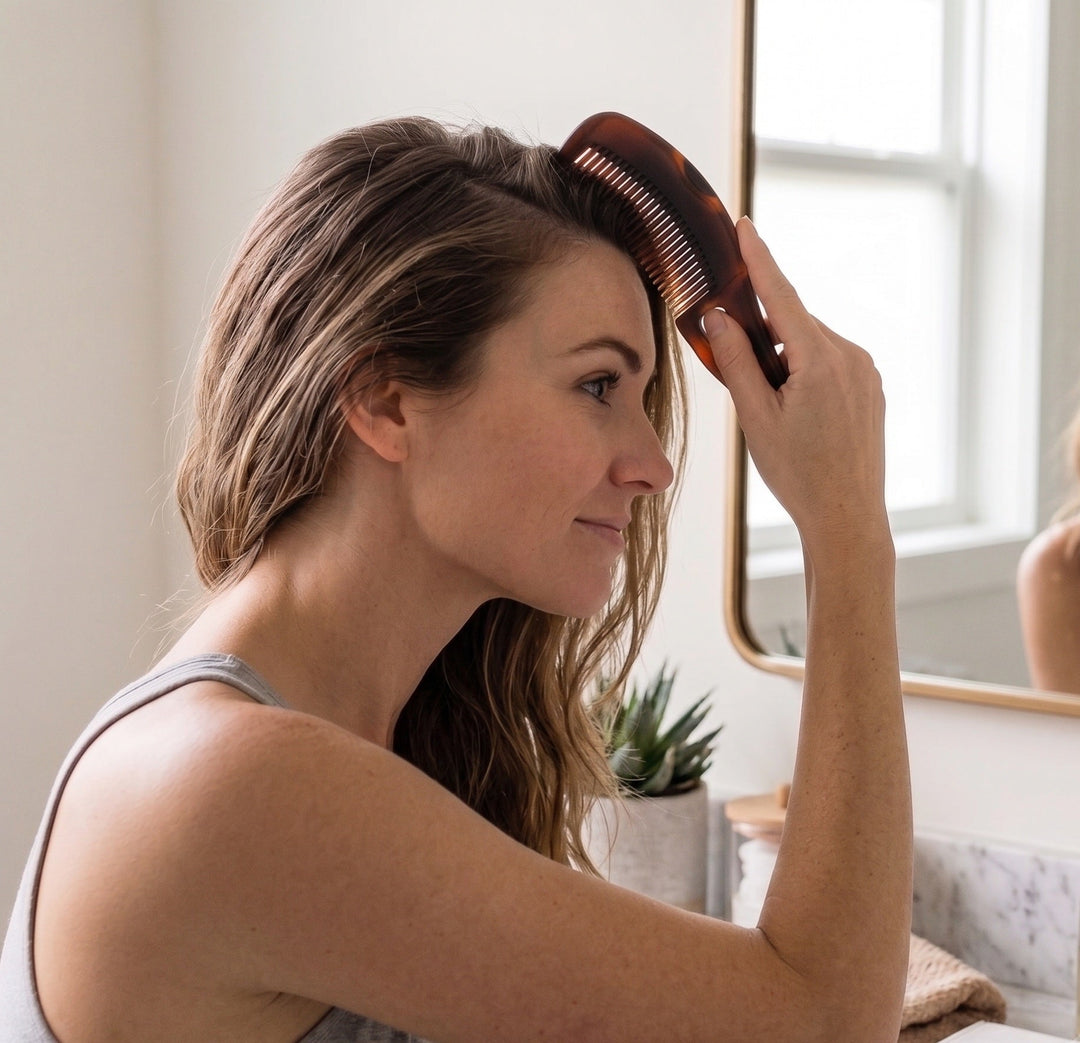 Healthy scalp comb in use on hair, dark brown comb held to scalp