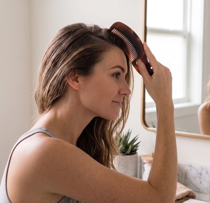 Healthy scalp comb in use on hair, dark brown comb held to scalp