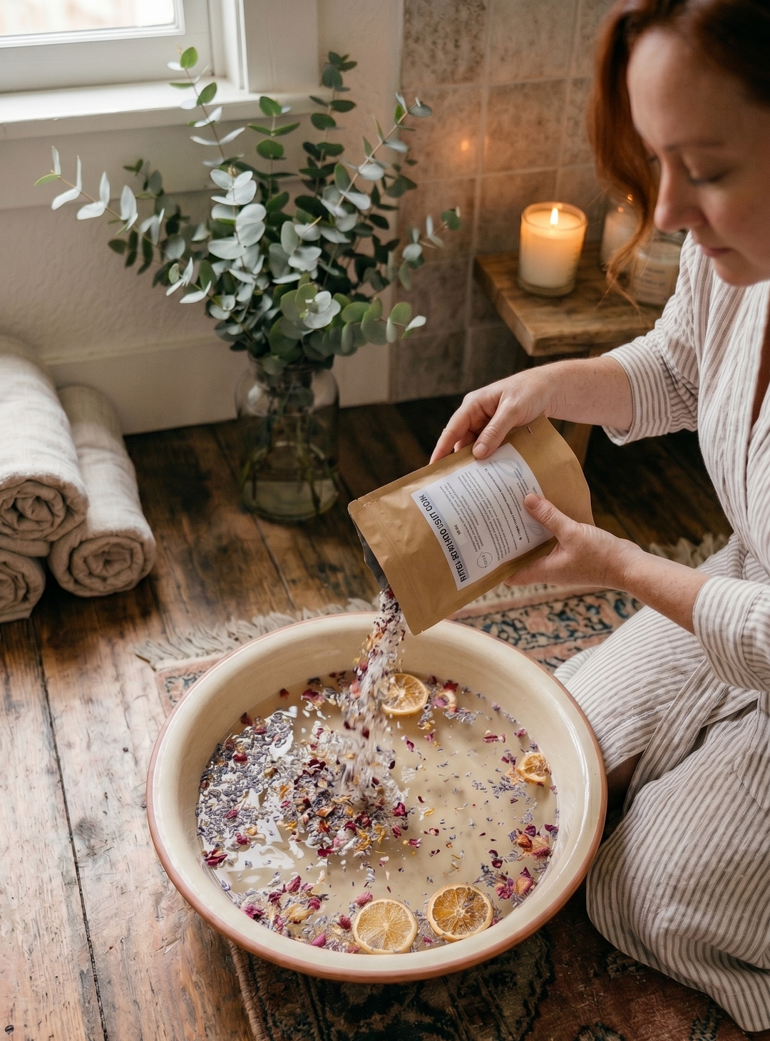 Bath and foot soak being poured into a round tub with floral floaters