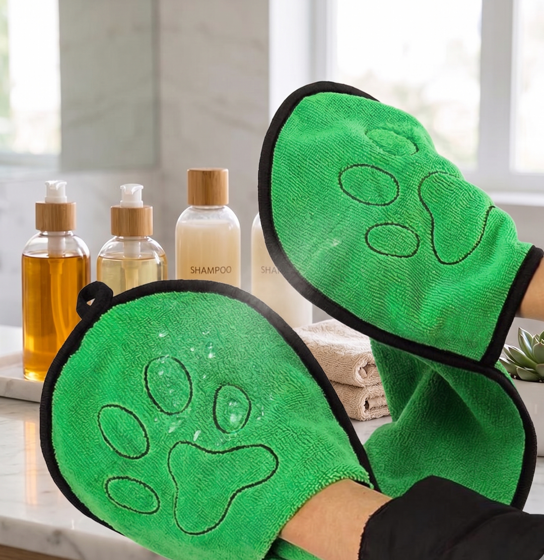 Green dog bath towel mitts with black trim and paw-face embroidery, shown with bottles