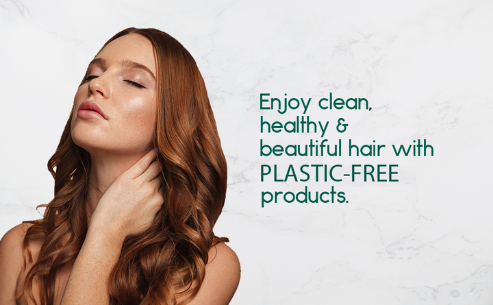 Plastic-free shampoo bar promotion with a woman’s hand at her neck and hair