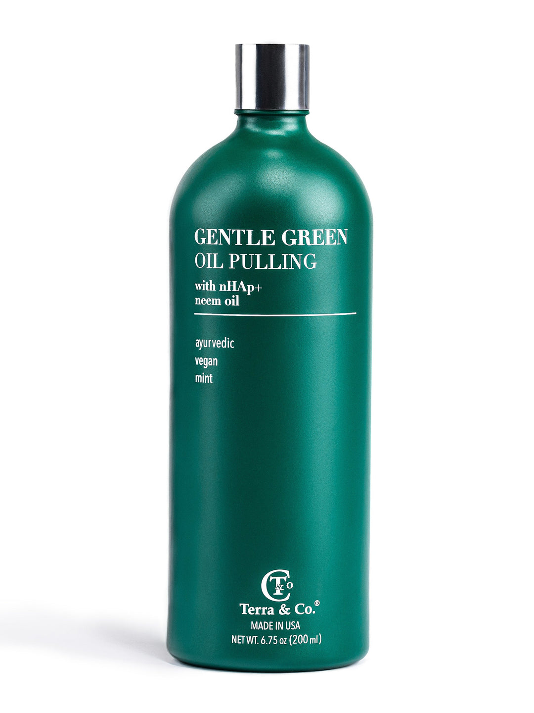 Gentle Green oil pulling oral rinse bottle, teal green with metal pump cap