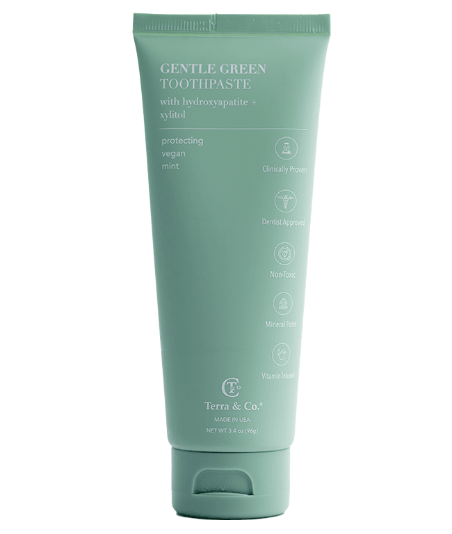 Gentle Green hydroxyapatite toothpaste tube, mint green, squeeze tube with flip cap