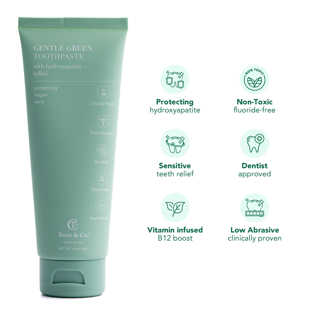 Gentle Green hydroxyapatite toothpaste tube with icons for protecting and non-toxic