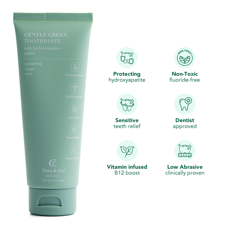 Gentle Green hydroxyapatite toothpaste tube with icons for protecting and non-toxic