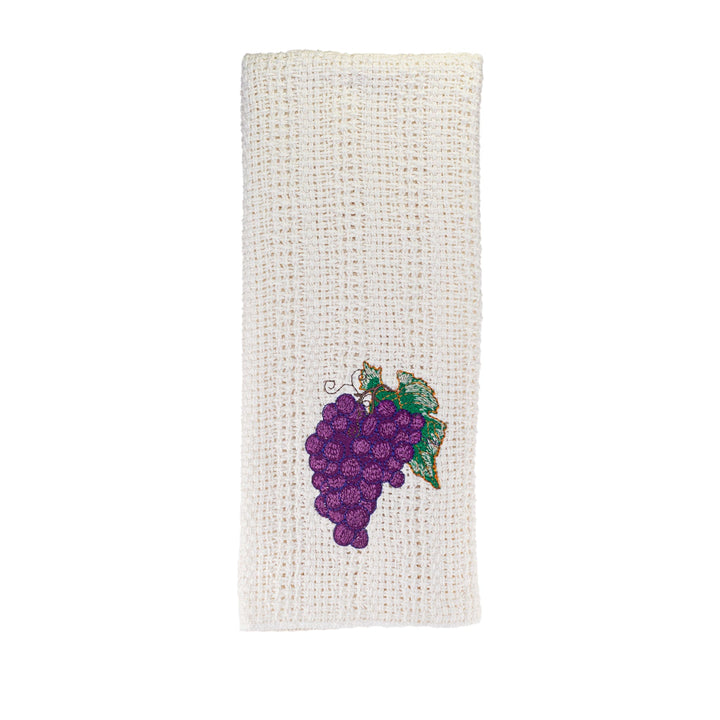 Cream cotton kitchen towel with embroidered purple grape cluster