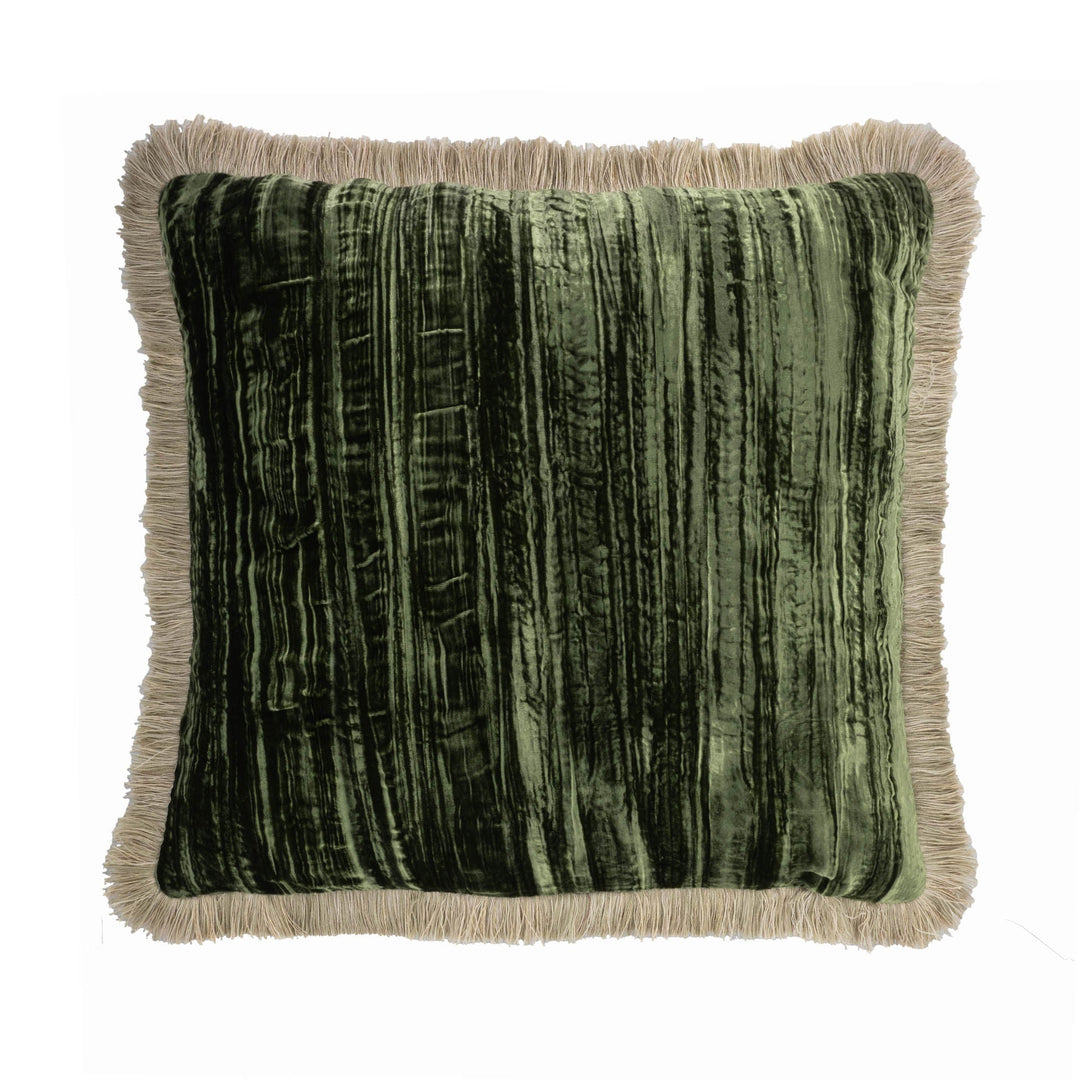 Green silk velvet throw pillow with beige fringes on all sides, square 20 in.