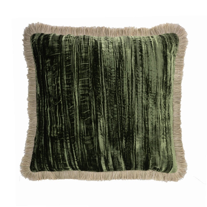 Green silk velvet throw pillow with beige fringes on all sides, square 20 in.