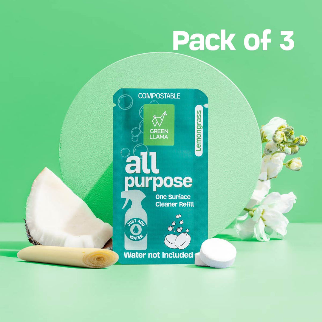 Compostable pack of 3 all-purpose cleaner refill pouches in lemongrass fragrance