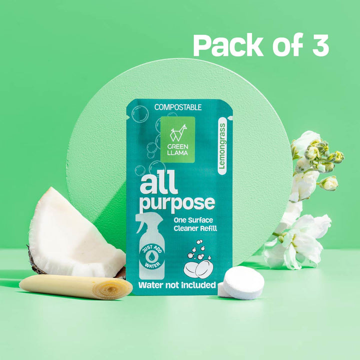 Compostable pack of 3 all-purpose cleaner refill pouches in lemongrass fragrance