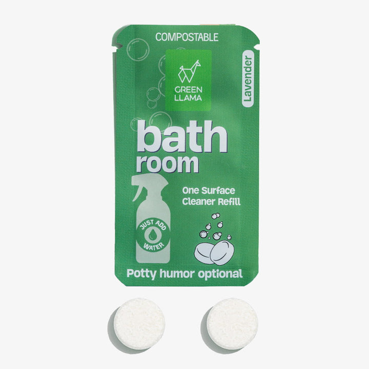 Green Llama bath room lavender one-surface cleaner refill, compostable pouch