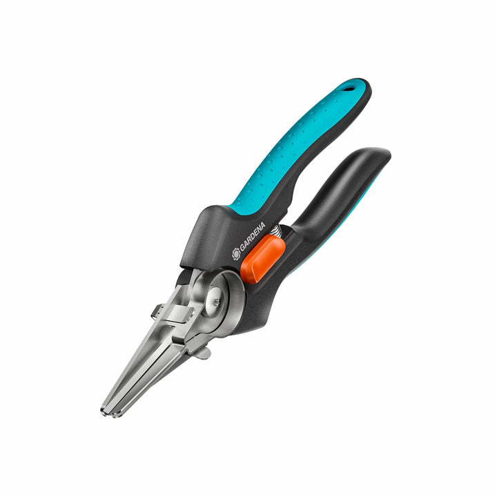 GripCut scissors with blue and black grips and an orange safety lock