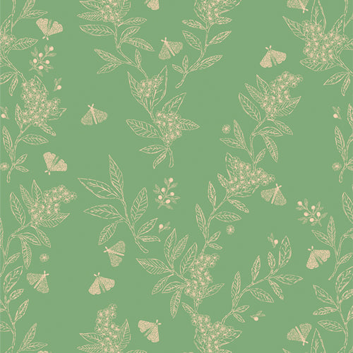 Bowl cover set fabric with botanical leaf sprig pattern in sage green.