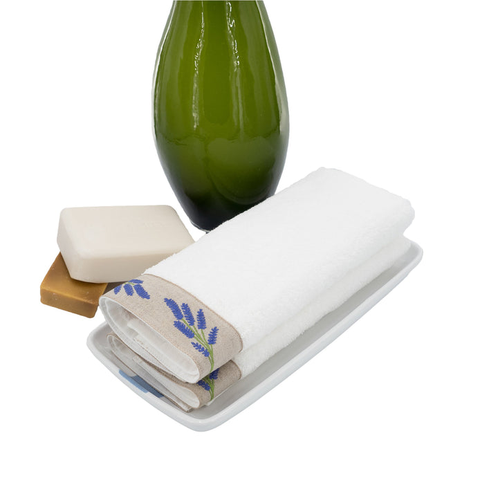 Guest towels set of 2, white with blue lavender border, folded stack