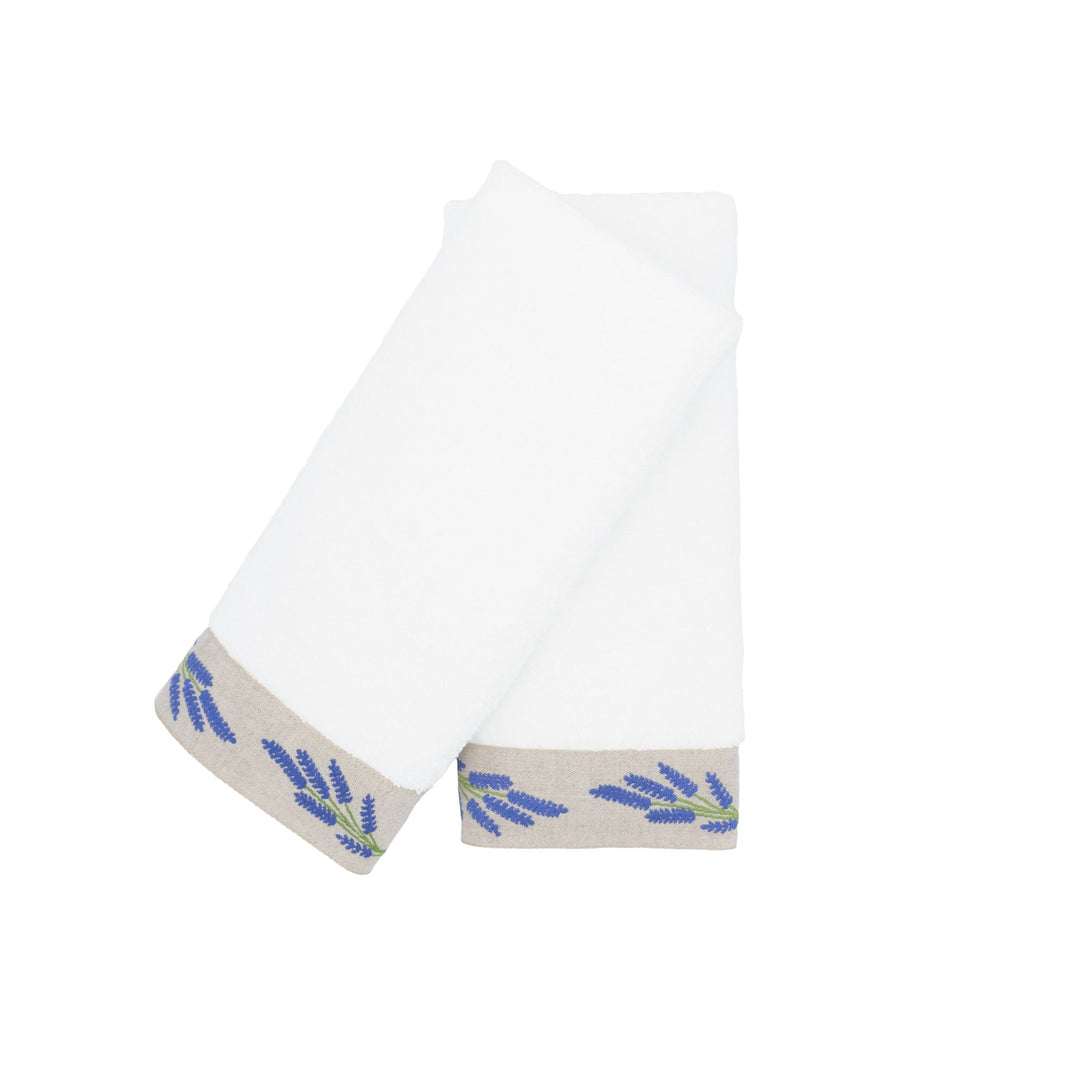 Guest towels set of 2, white towels with blue lavender border, side view