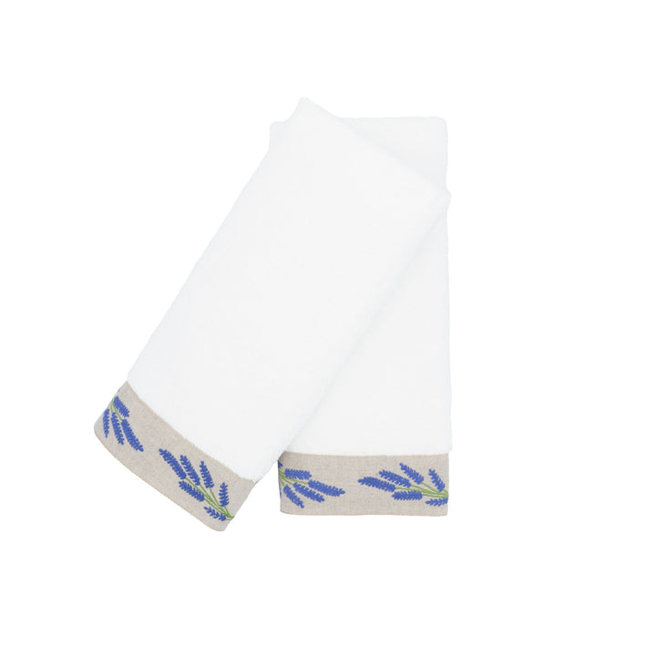 Guest towels set of 2, white towels with blue lavender border, side view