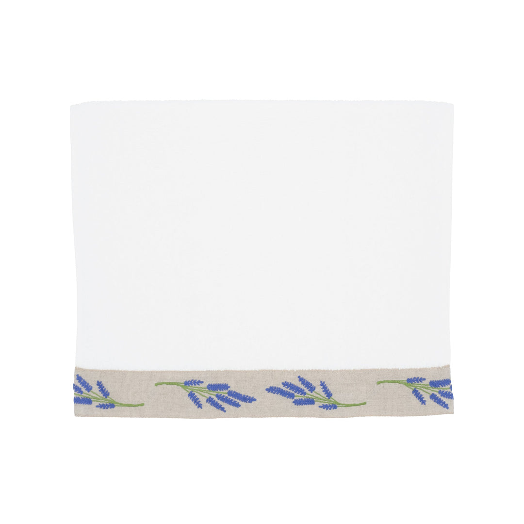 Guest towel, white with blue lavender border strip along bottom