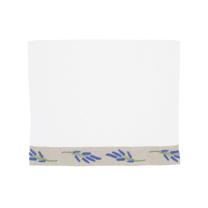 Guest towel, white with blue lavender border strip along bottom