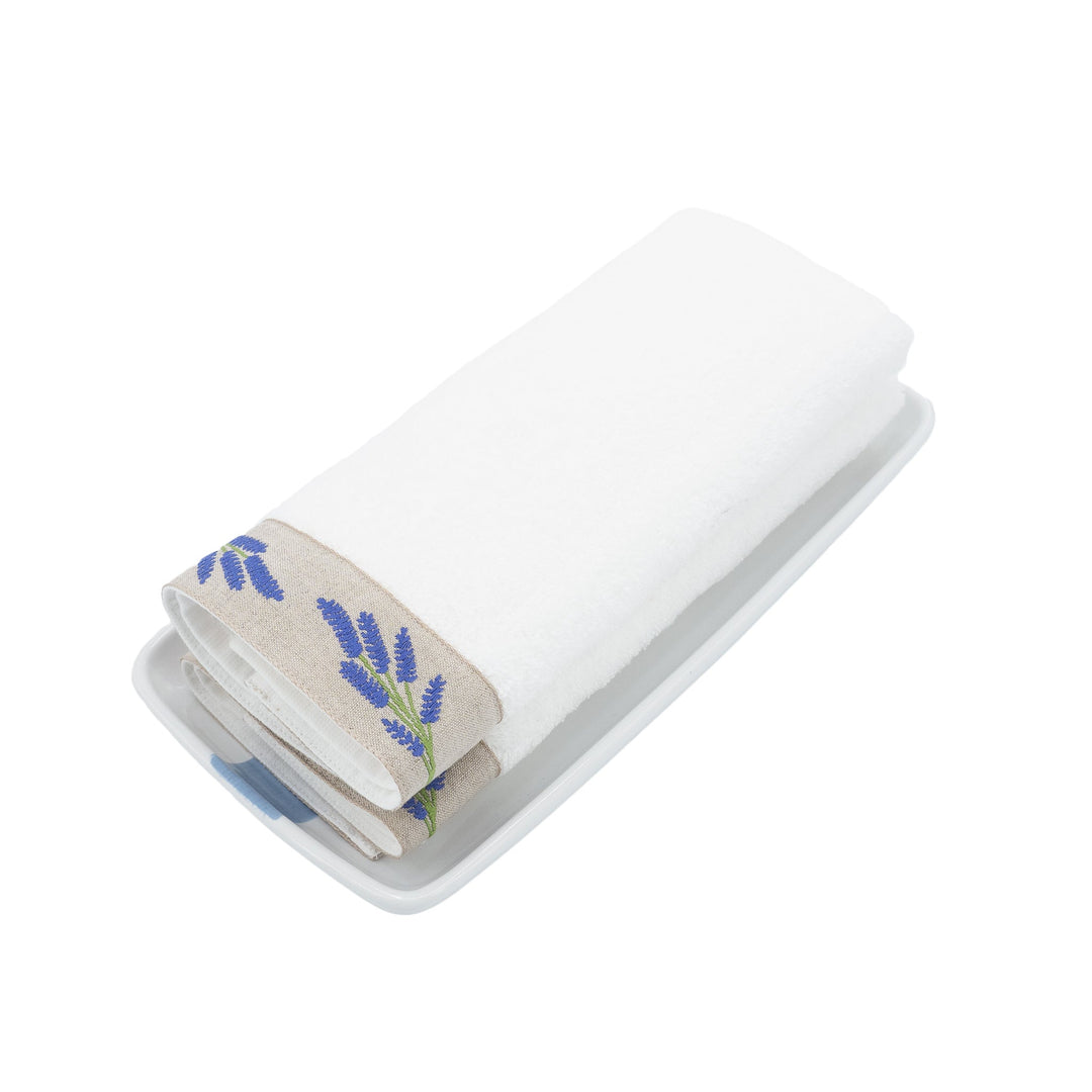 Guest towels set of 2, white towels with blue lavender border, rolled on tray