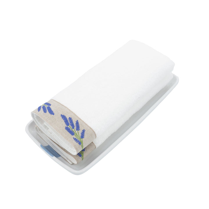 Guest towels set of 2, white towels with blue lavender border, rolled on tray