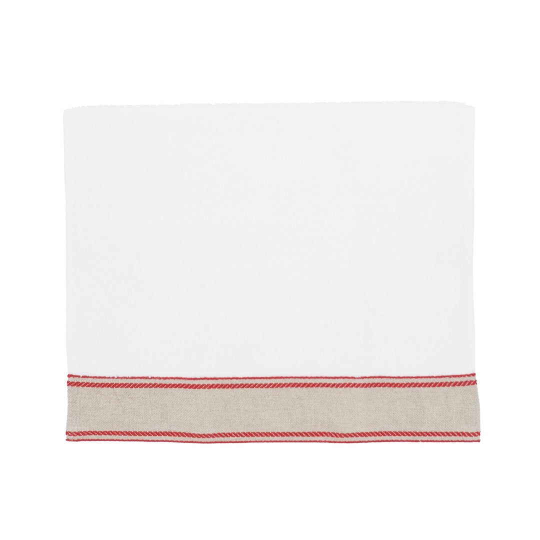 White guest towel with red chain-style linen border