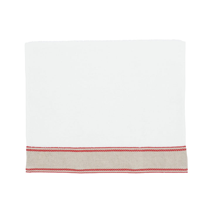 White guest towel with red chain-style linen border