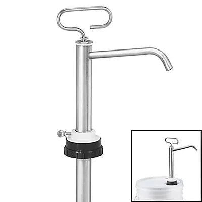 Stainless-style pump dispenser with curved spout for 5-gallon container